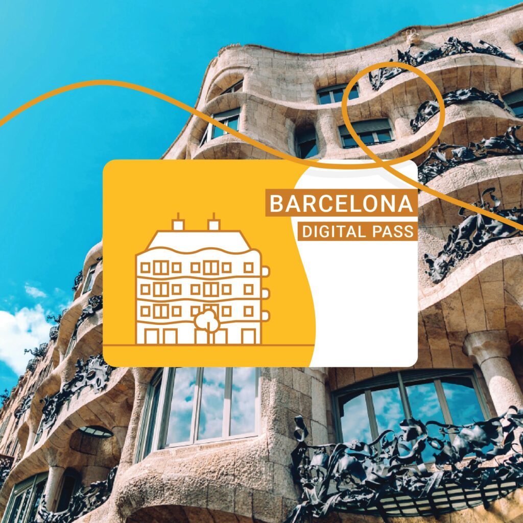 La Pedrera building in Barcelona with a digital pass overlay.